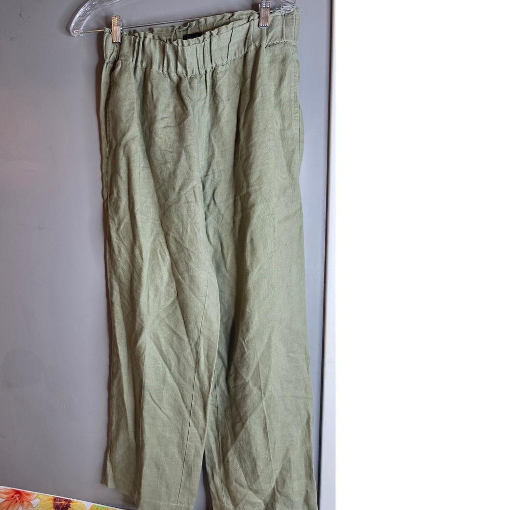 Talbots Nantucket Pull-On Wide Leg Pants Olive Green 100% Linen Women Small